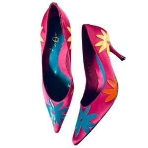Rare Joey O Petunia Fuchsia Pink Leather & Fabric Floral Heels